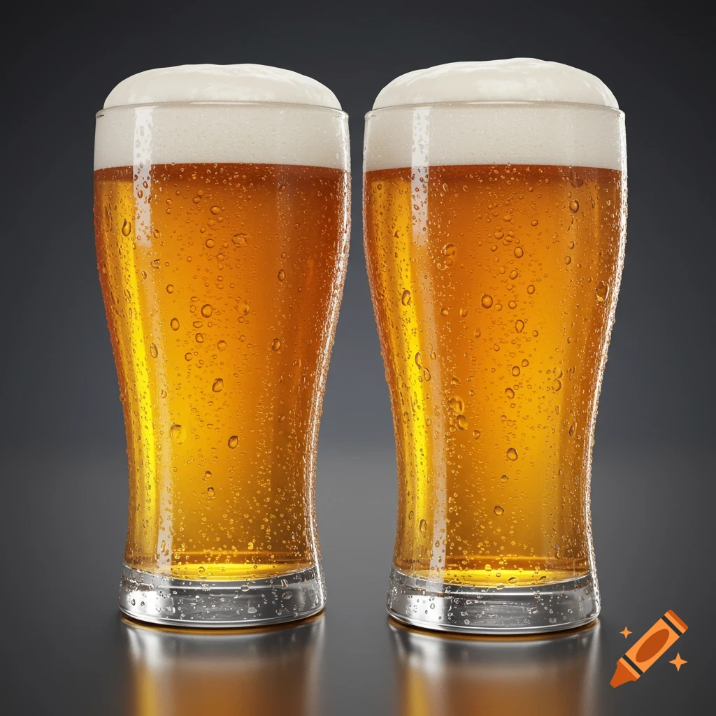 Two photorealistic glasses of cold beer with condensation and foam on a dark background.
