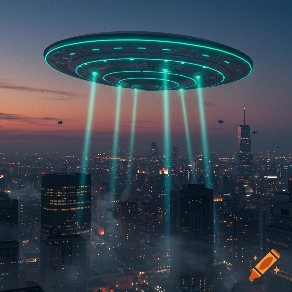 A large, illuminated UFO hovers over a dark, bustling city skyline at dusk, shining beams of light downwards.