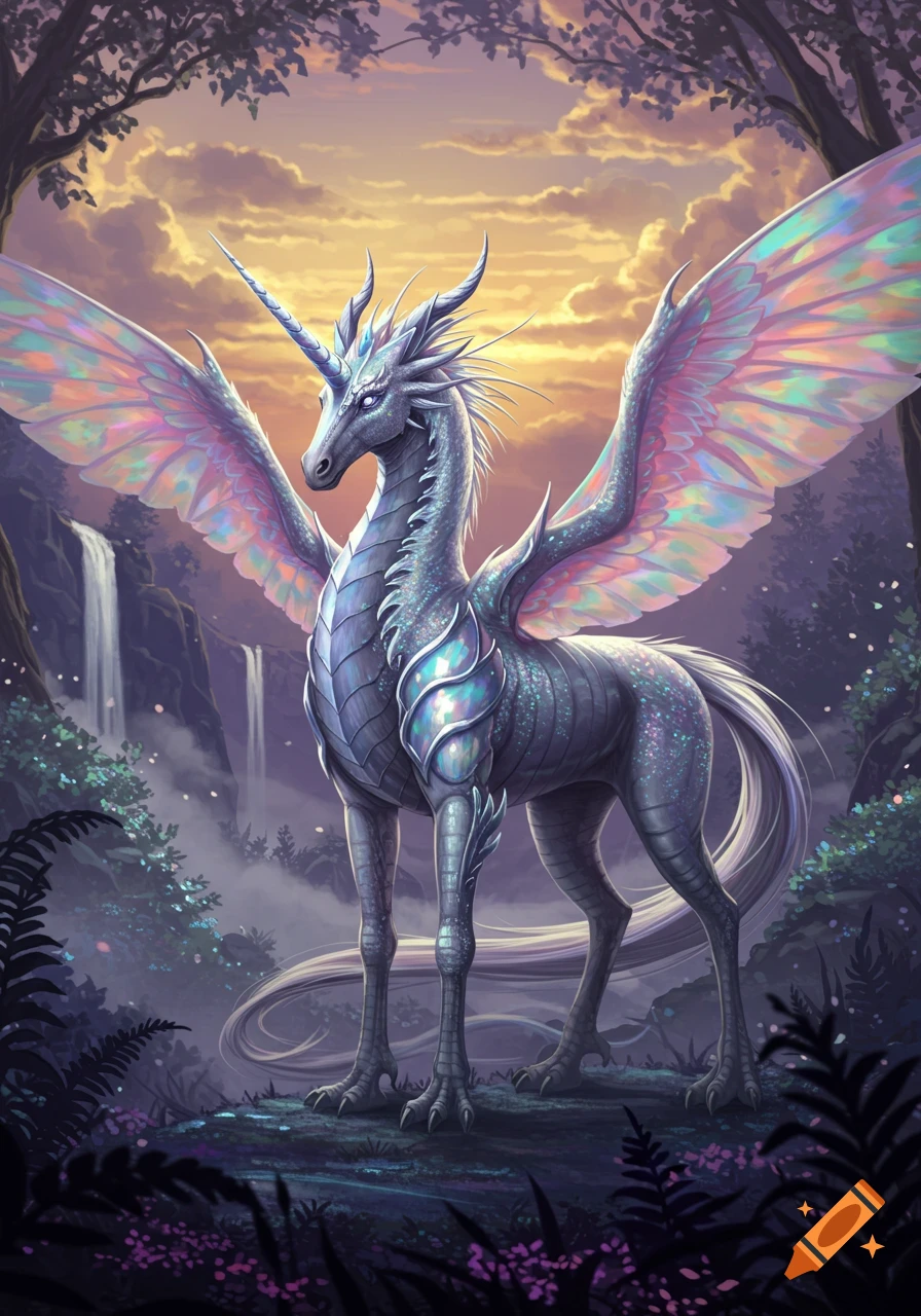 A majestic unicorn-dragon hybrid with iridescent wings stands in a magical forest with waterfalls under a sunset sky.