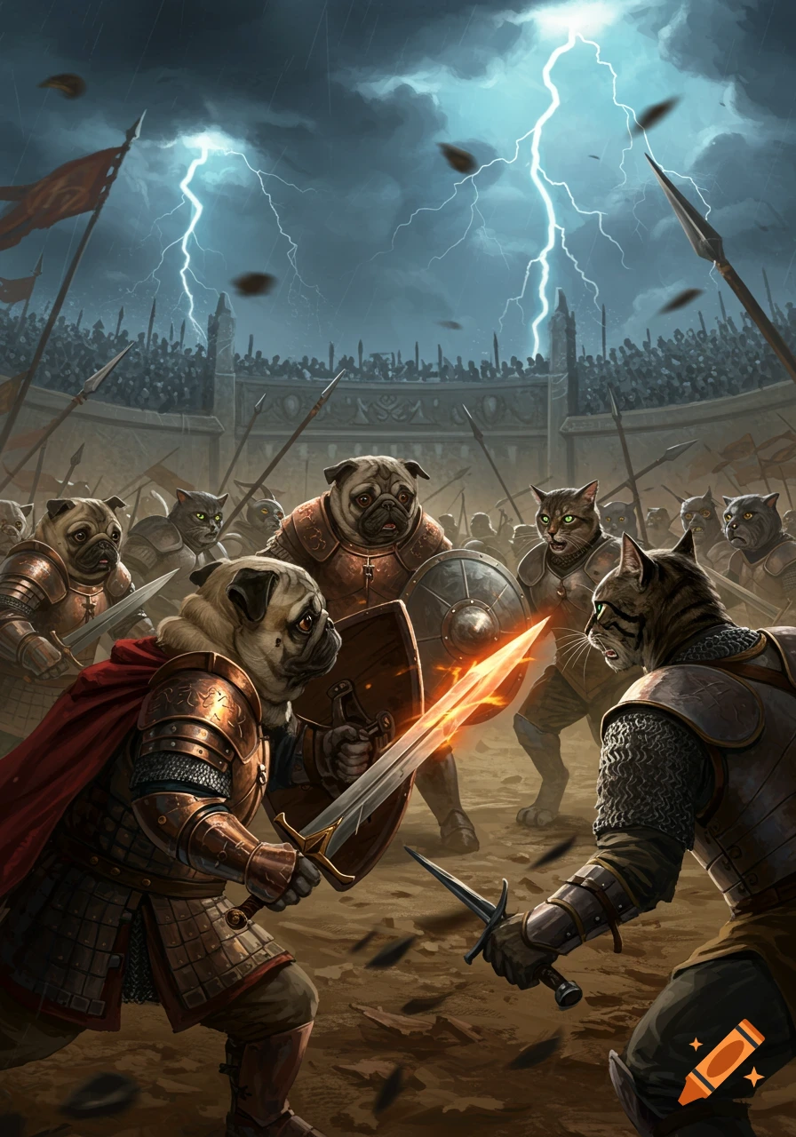 Fantasy art of anthropomorphic pugs battling cats in a gladiatorial arena under a stormy, lightning-filled sky.