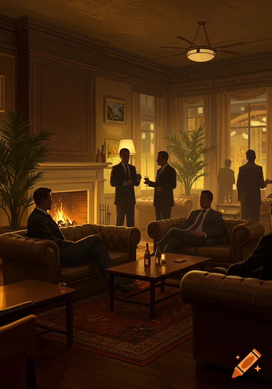 Men in professional attire relax and socialize in a dimly lit, cozy lounge with a fireplace and large windows.