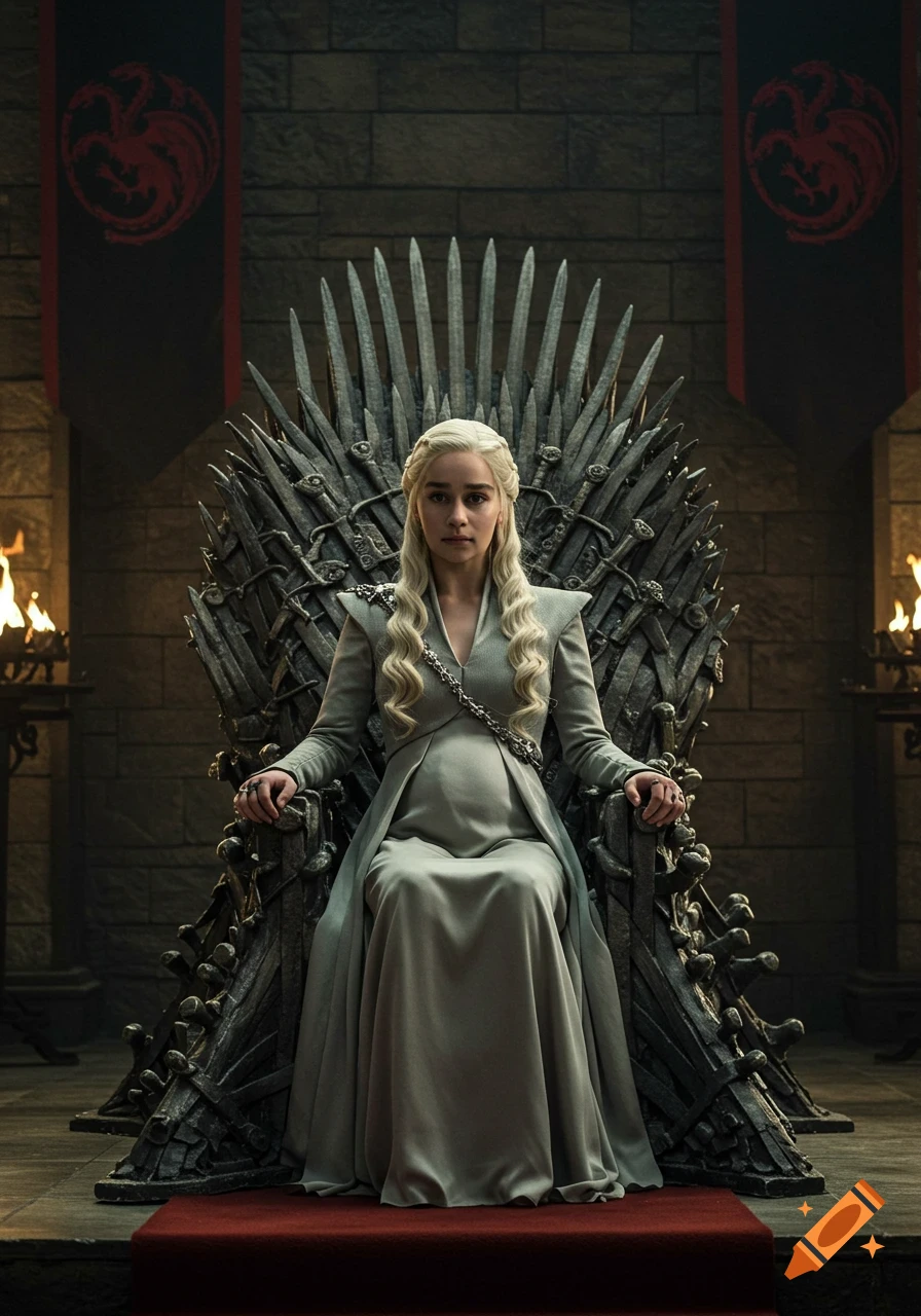 Photorealistic image of pregnant Daenerys Targaryen sitting on the Iron Throne, with Targaryen banners in a stone hall.