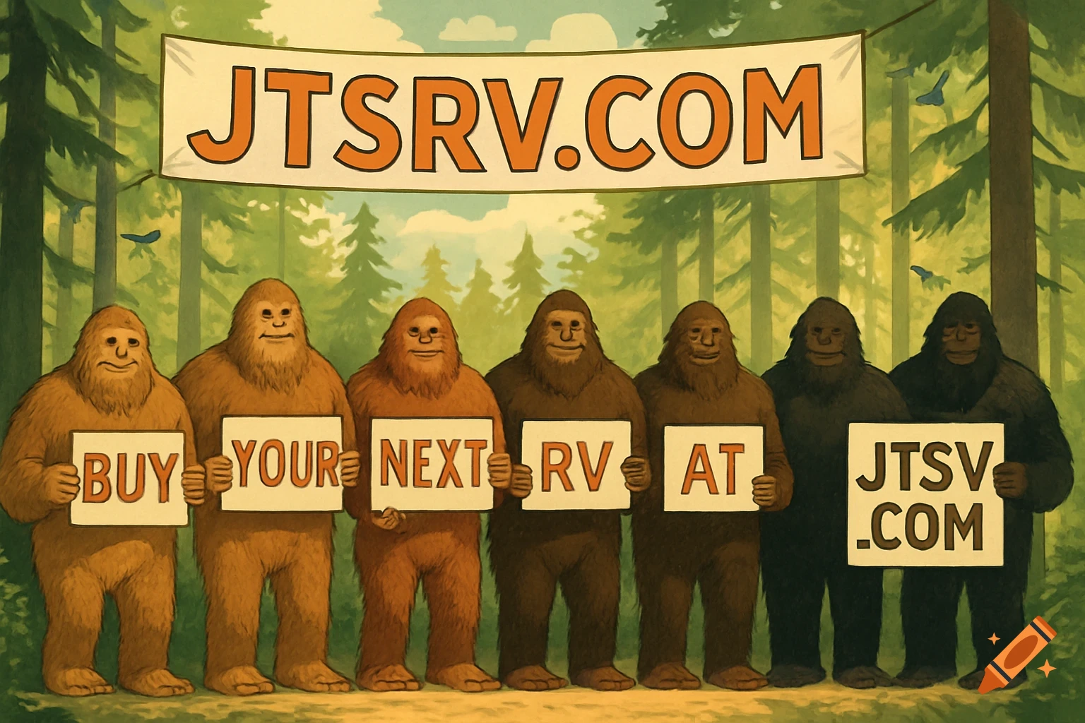 Cartoon illustration of six sasquatches holding signs in a forest, promoting a website.