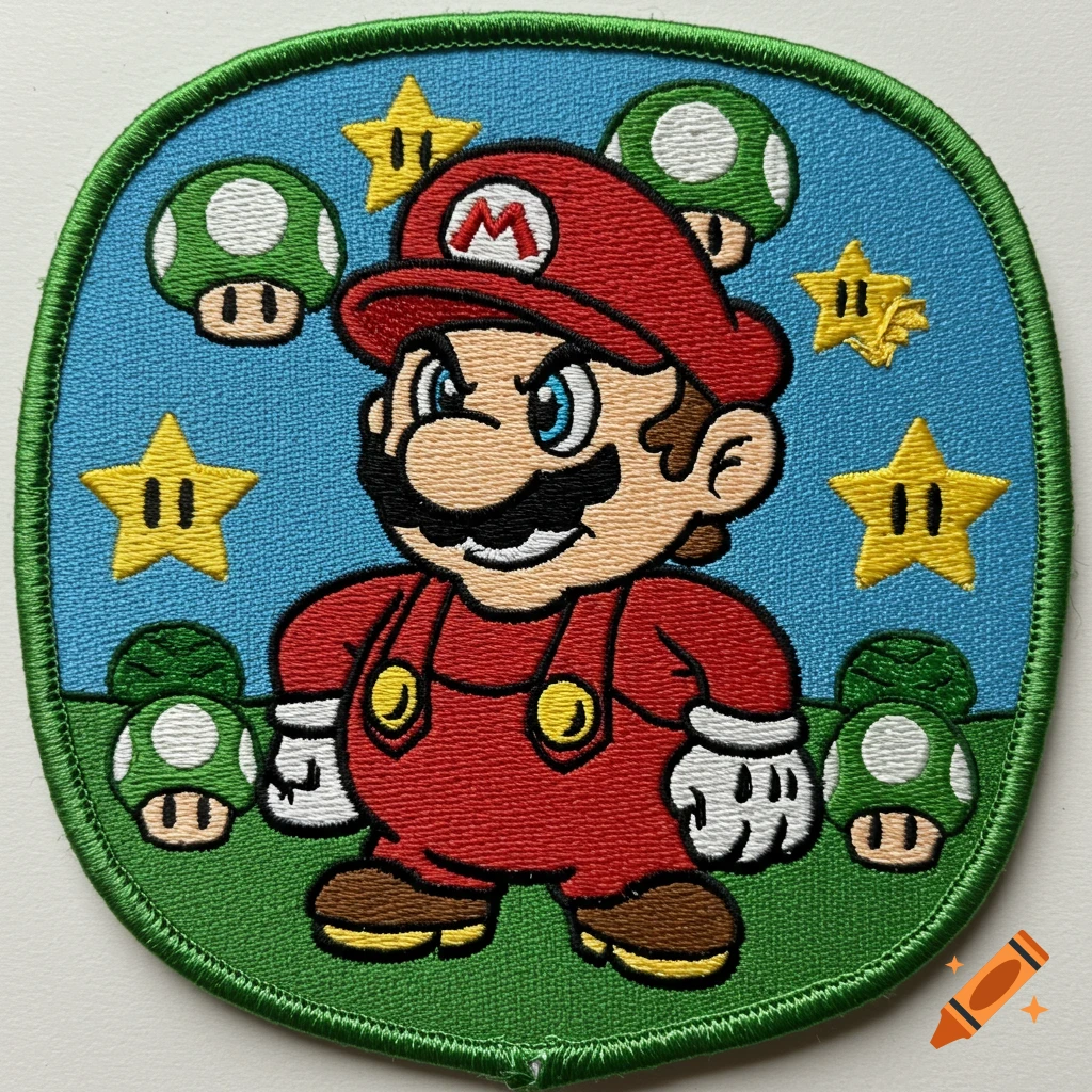 An embroidered Super Mario patch featuring Mario, green mushrooms, and yellow stars on a blue and green background.