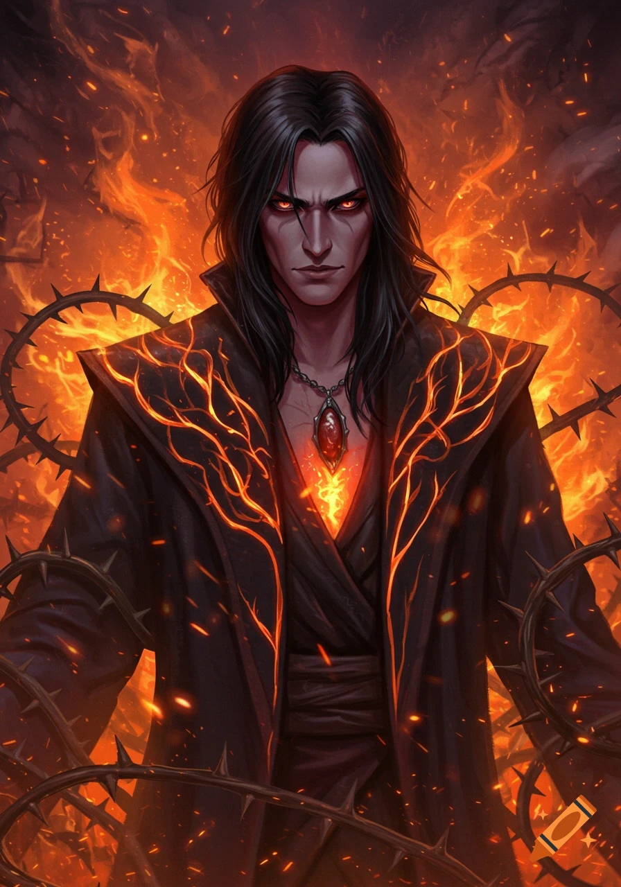 A dark fantasy character with long black hair, glowing red eyes, and a black coat with fiery patterns, surrounded by flames and thorny vines.