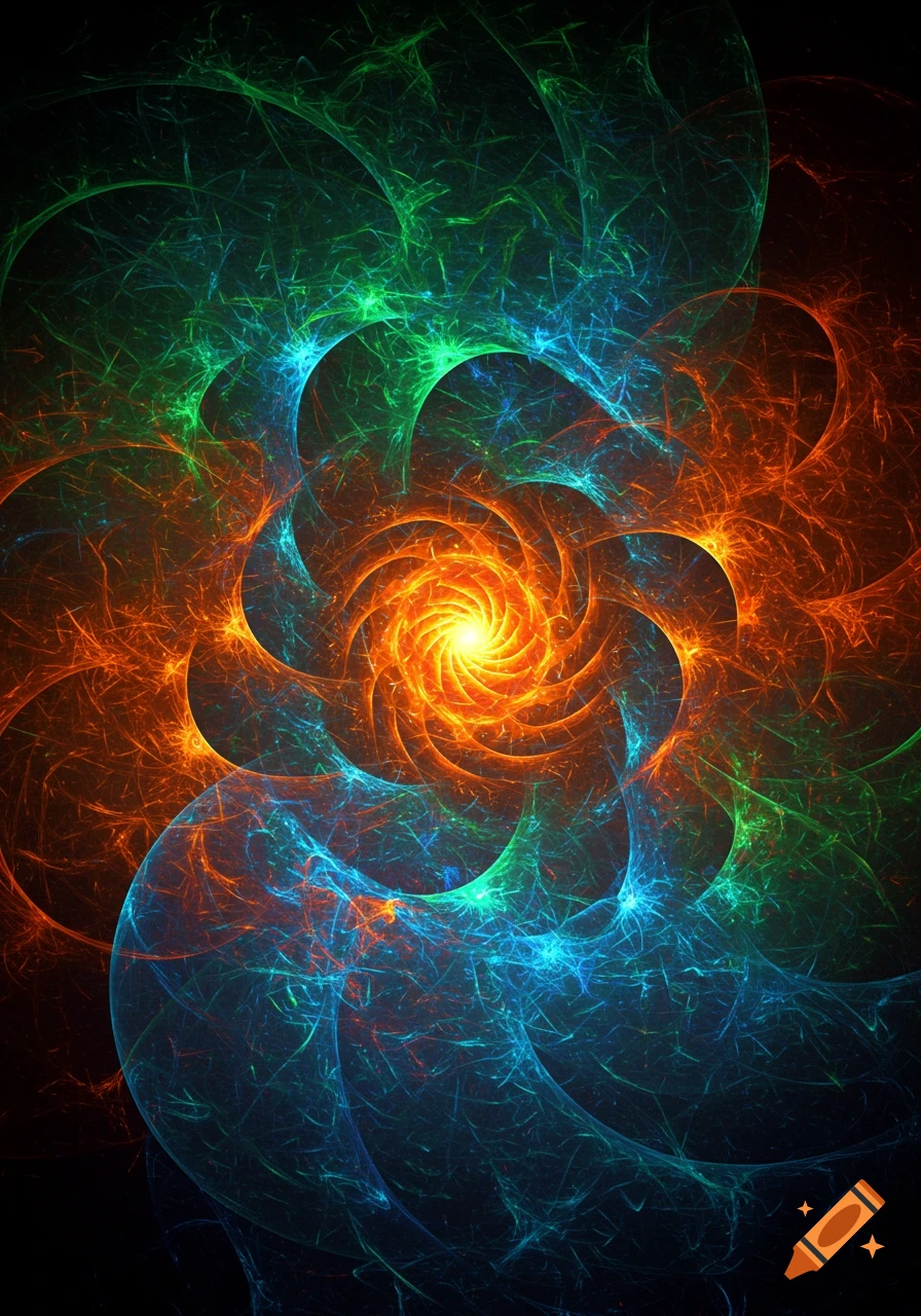 Vibrant abstract fractal with swirling patterns in orange, blue, and green, centered on a bright yellow light.