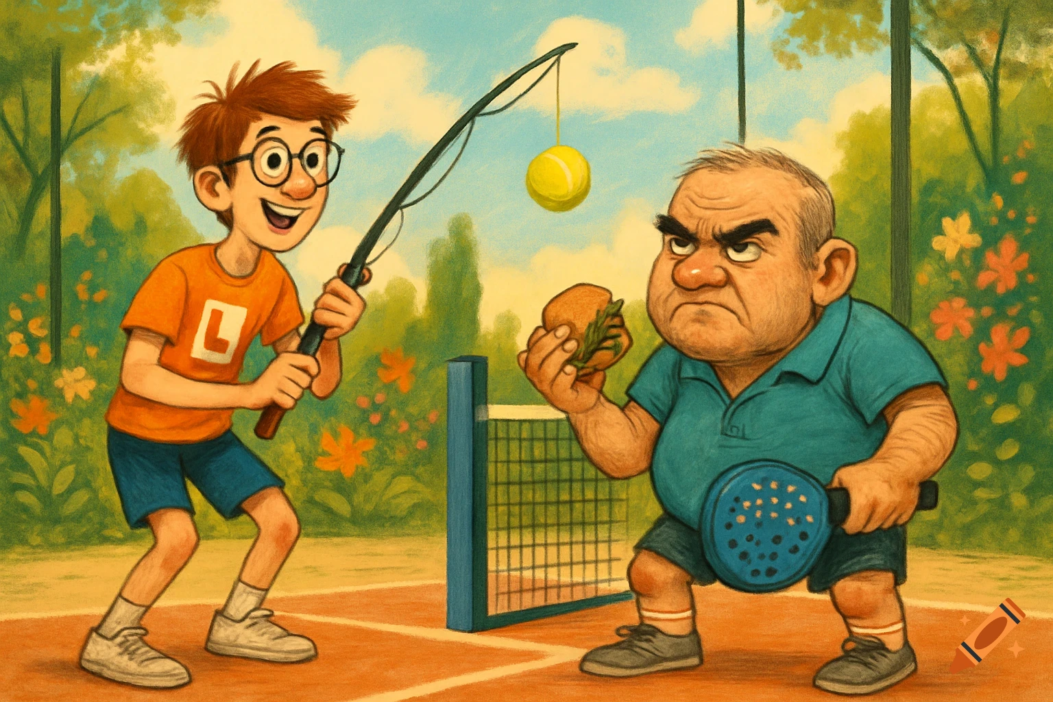 Cartoon of a young man with a learner badge fishing a tennis ball on a rod, next to a grumpy older man with a padel and burger.