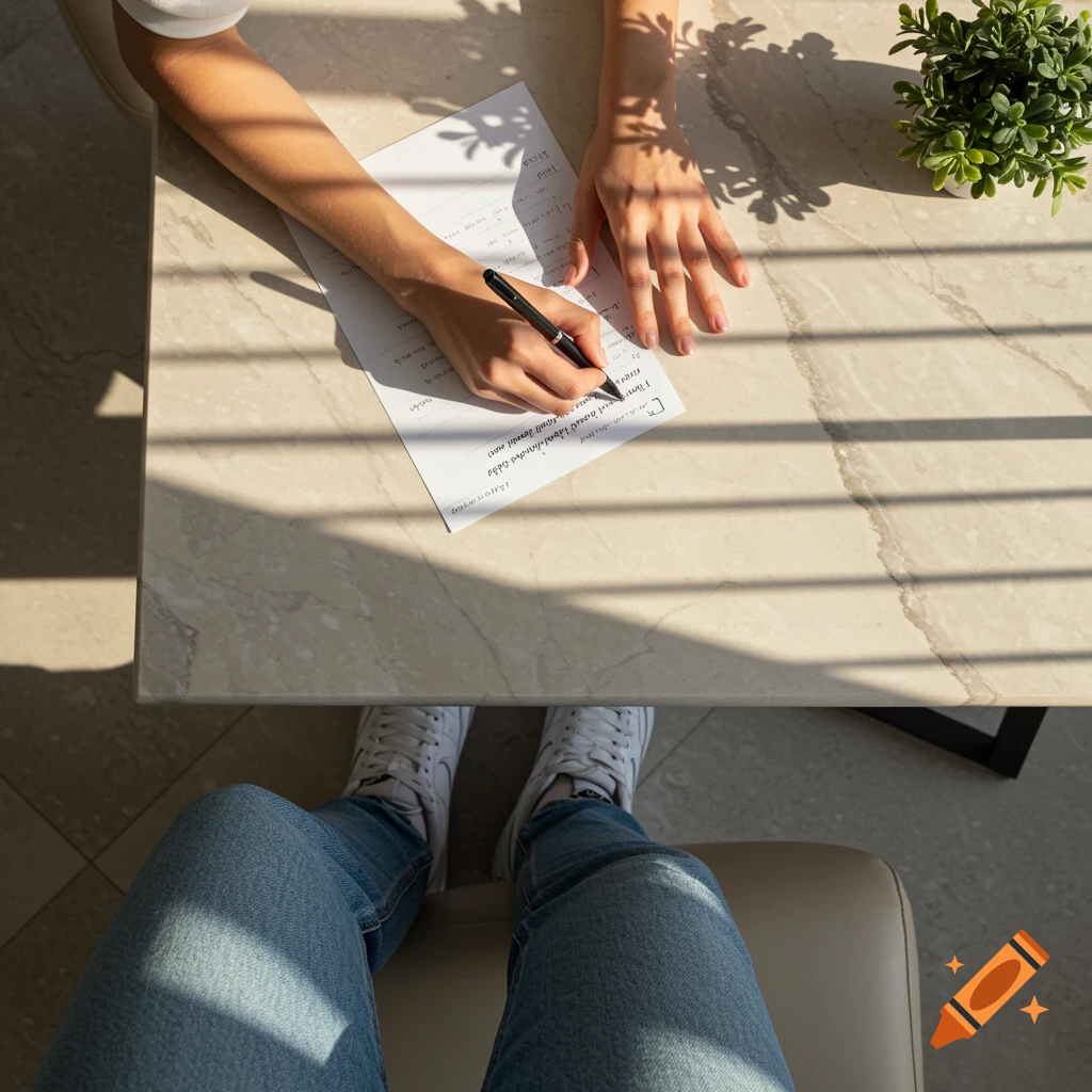An overhead view of a person wearing jeans and white trainers, sitting at a marble table, writing with a pen on a piece of paper. A small green plant is on the table.