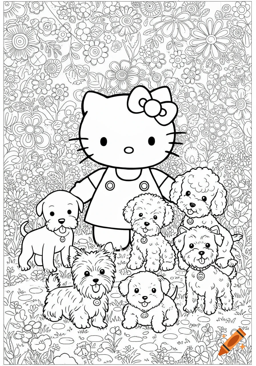 Hello Kitty stands with six adorable puppies in a field of flowers, rendered as a detailed black and white coloring page.