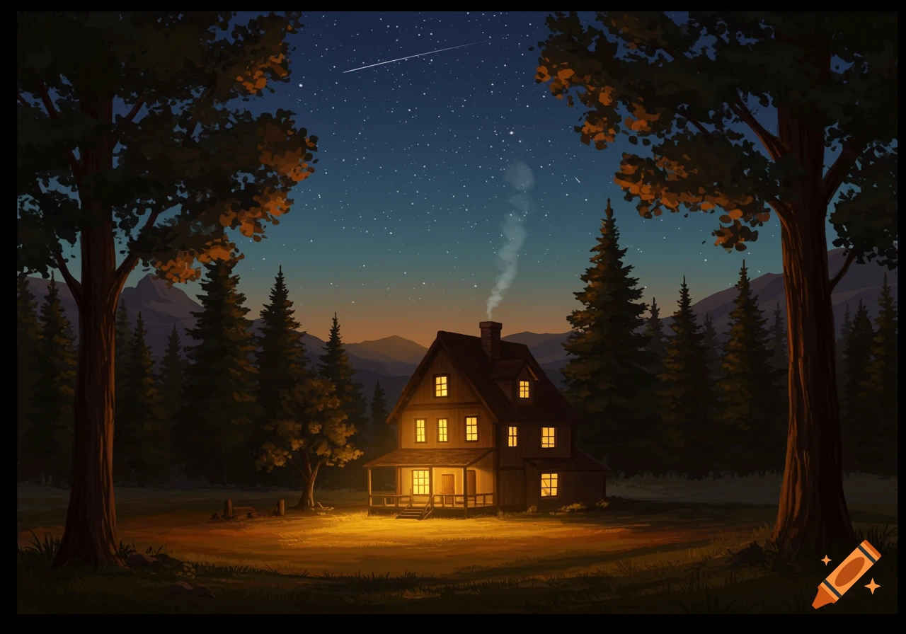A warm, illuminated cabin sits nestled among tall pine trees in a valley under a clear, starry night sky with a shooting star.