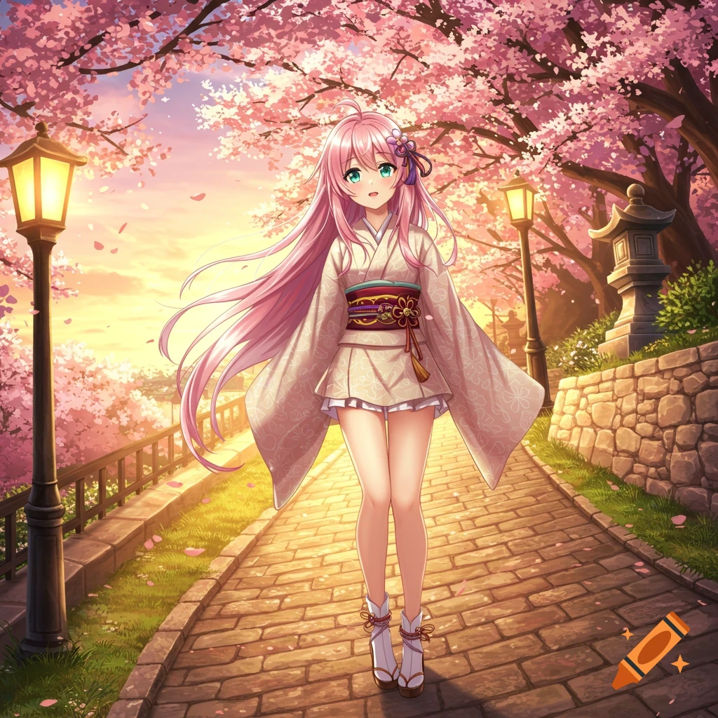 An anime girl with pink hair in a kimono walks on a path under blooming cherry blossom trees at sunset.