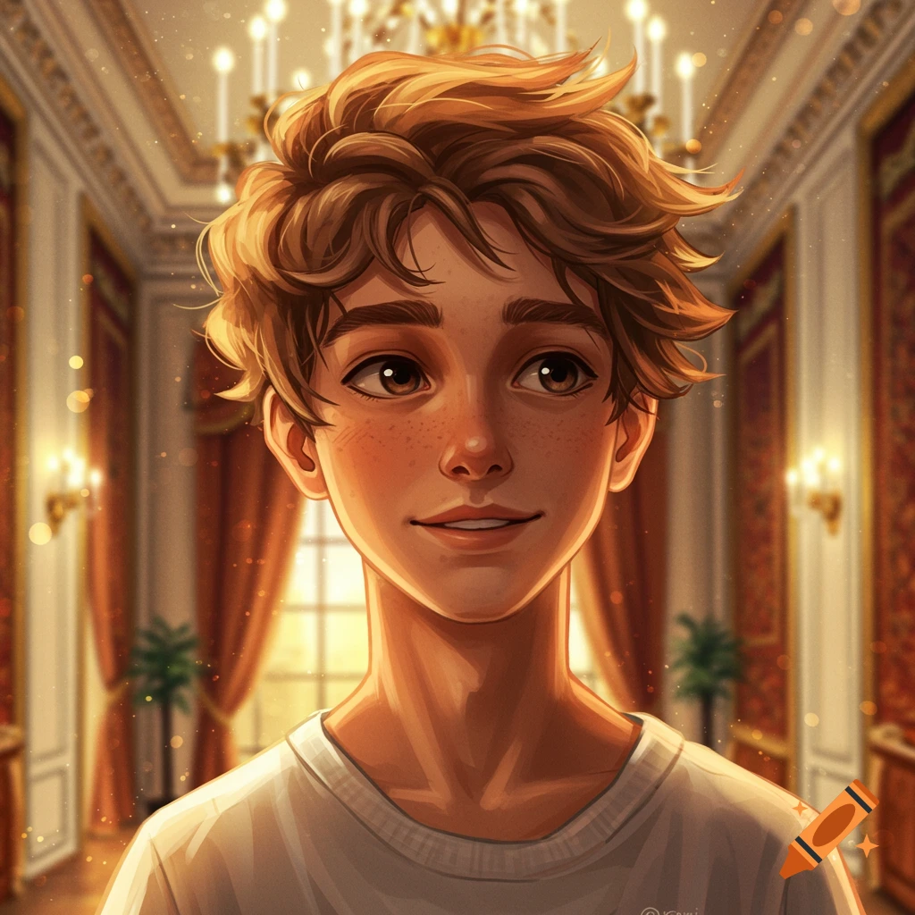 Animated portrait of a smiling teenage boy with freckles and brown hair in a luxurious, ornate room.
