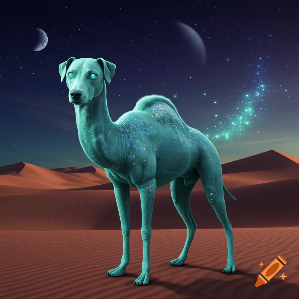 A glowing teal dog-camel creature with luminous eyes stands in a moonlit desert under a starry sky with sparkling trails.