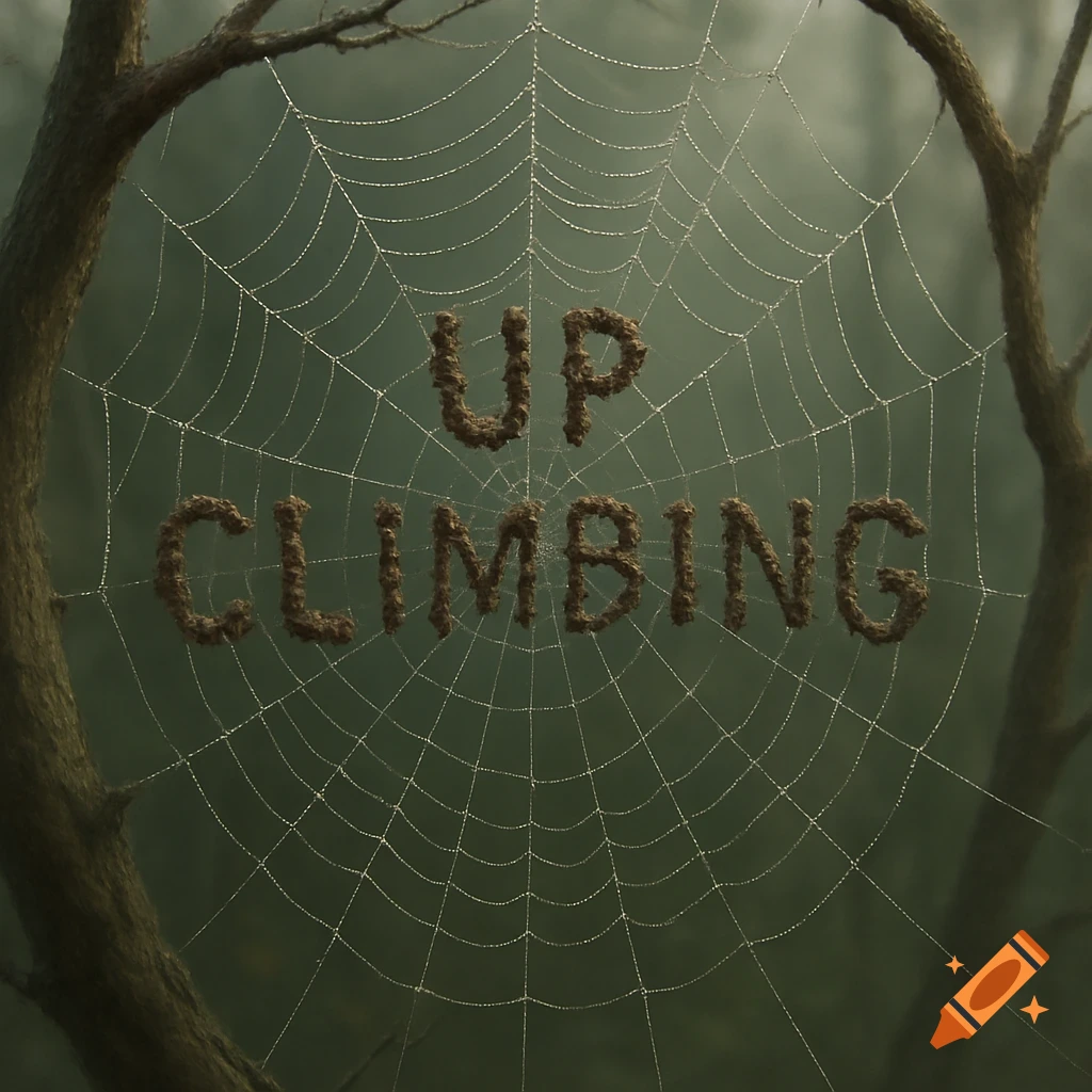 Photorealistic image of a spider web with the words 'UP CLIMBING' made of textured brown material in the center, framed by tree branches.