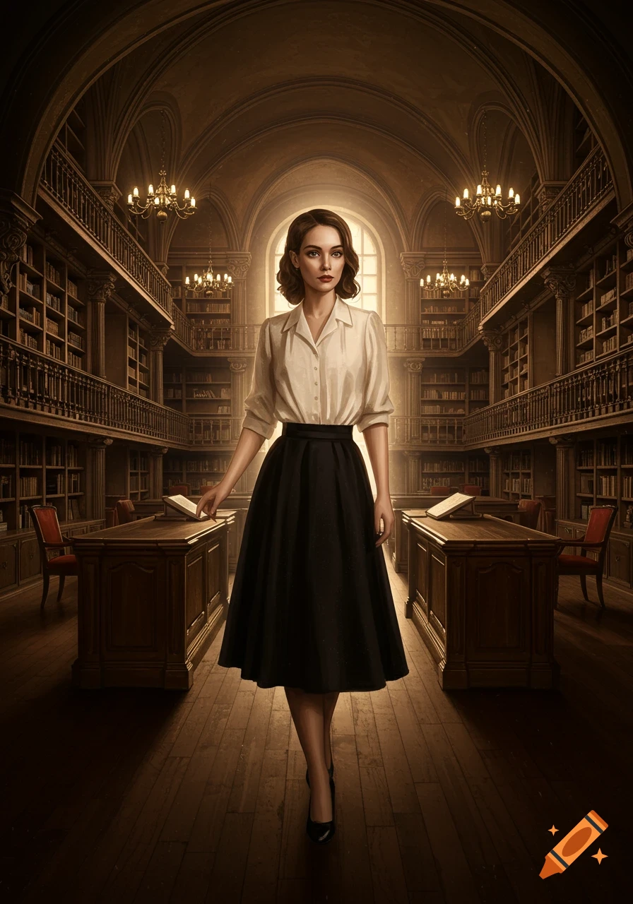 A woman in a cream blouse and black skirt stands in a grand, dimly lit library, realistic illustration.