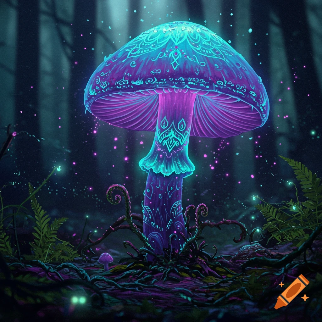 A vibrant, glowing purple and teal psychedelic mushroom with intricate patterns stands in a dark, mystical forest with glowing specks.