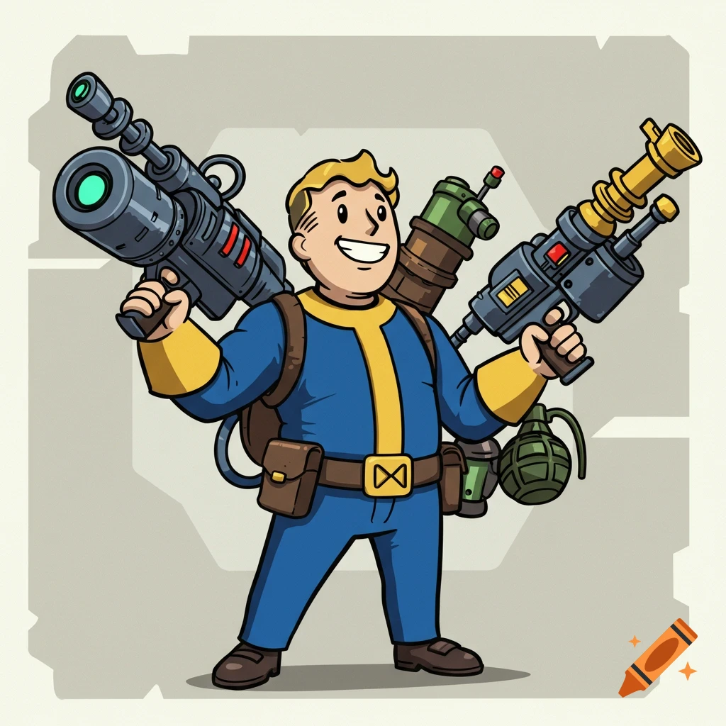 Cartoon illustration of Vault Boy in blue and yellow, smiling and holding two large futuristic weapons.