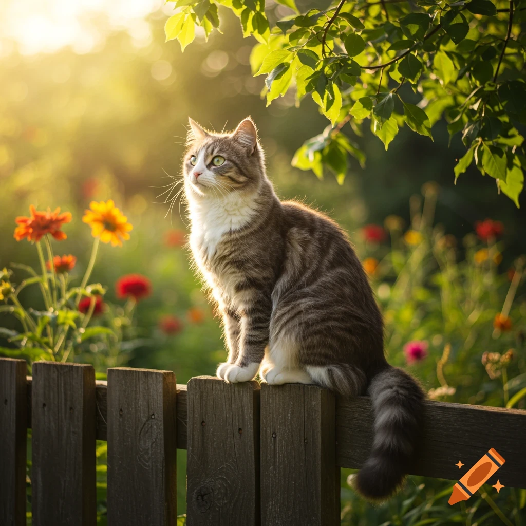A tabby cat sits on a wooden fence, gazing up, with a sunlit garden and flowers in the background. Photorealistic style.