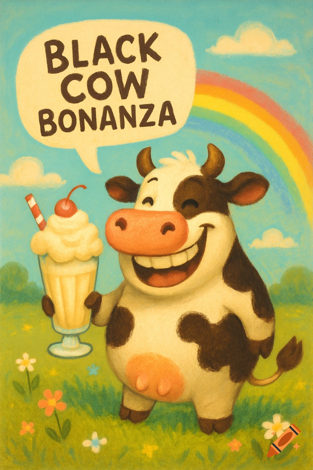 A smiling cartoon cow holds a vanilla milkshake with a cherry and straw, standing in a field with flowers under a rainbow, with a speech bubble saying "BLACK COW BONANZA".