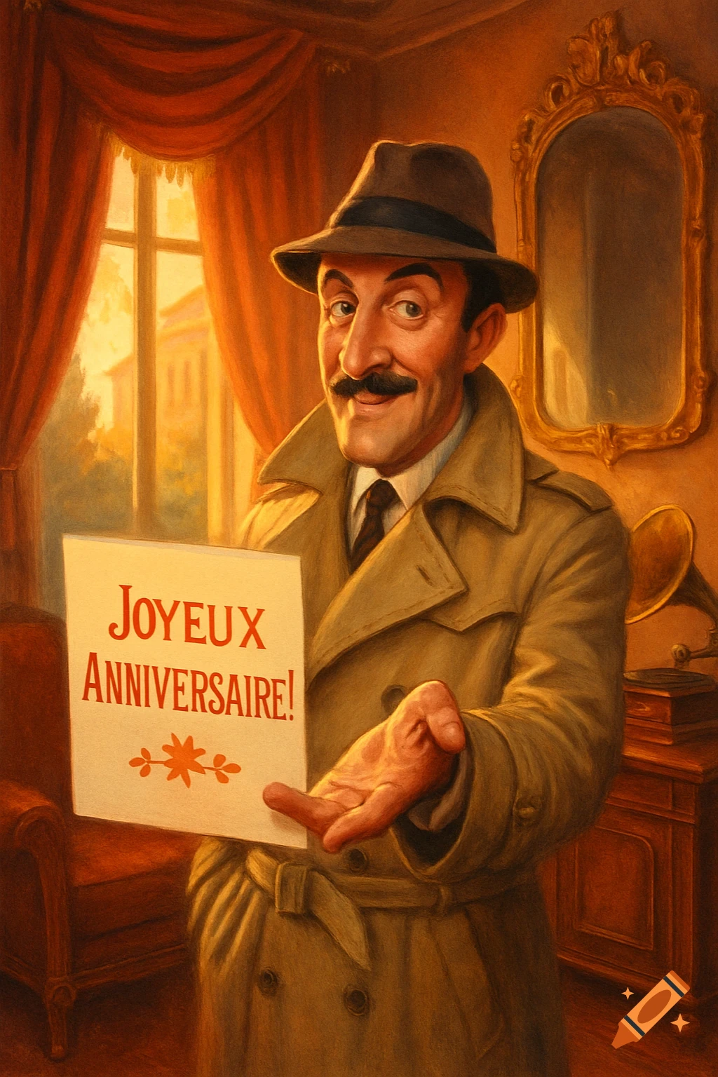 Painterly illustration of a man resembling Inspector Clouseau in a trench coat and fedora, holding a 'Joyeux Anniversaire!' sign.