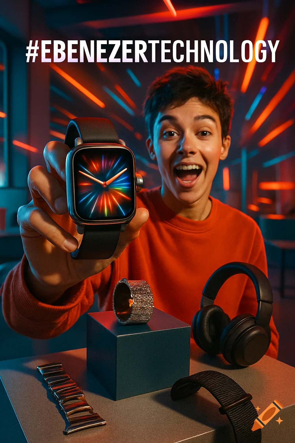 A young person excitedly holds up a smartwatch with a colorful glowing display, surrounded by tech accessories. Text #EBENEZERTECHNOLOGY is at the top.