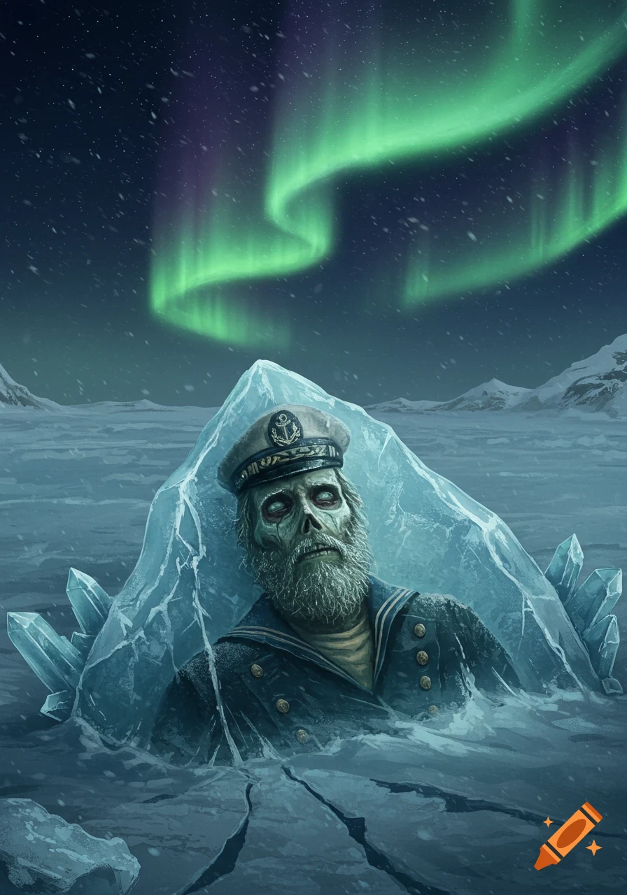 A zombie sailor frozen in a block of ice in an arctic landscape under the green aurora borealis.