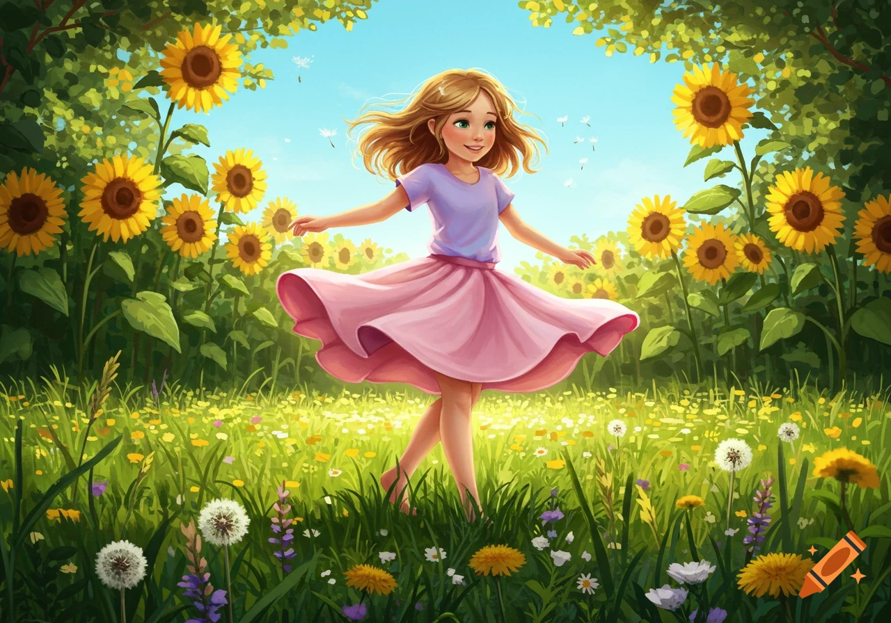 An illustration of a smiling young girl with blonde hair, wearing a pink skirt and purple shirt, spinning in a sunny field of sunflowers.