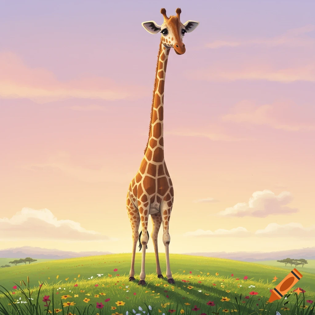 A cute cartoon giraffe stands in a vibrant green field with colorful flowers under a soft, gradient sky.