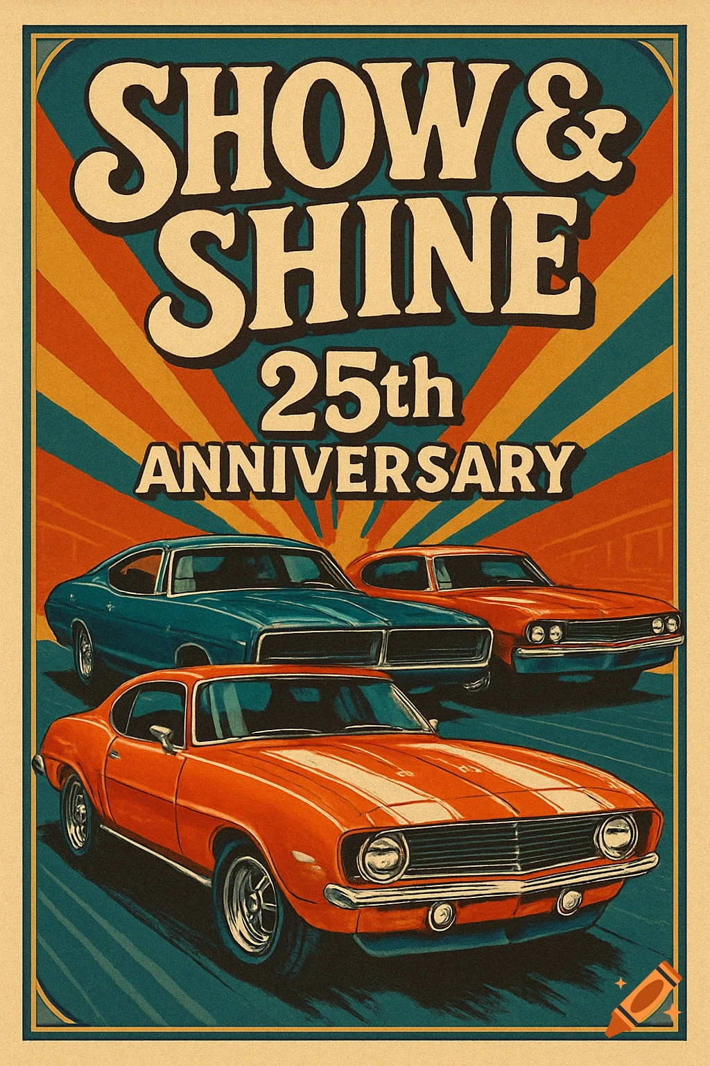 A vintage 70s-style poster for 'Show & Shine 25th Anniversary' featuring three classic muscle cars in shades of orange and teal.
