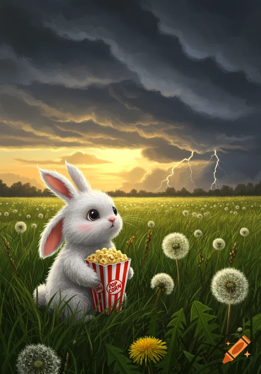 A cute white bunny holds a popcorn box in a dandelion-filled field under a dramatic storm sky with lightning.
