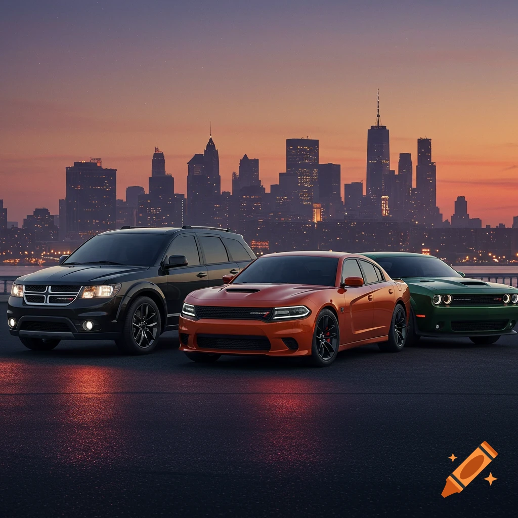 A black SUV, an orange sports car, and a green sports car parked with a city skyline at sunset.