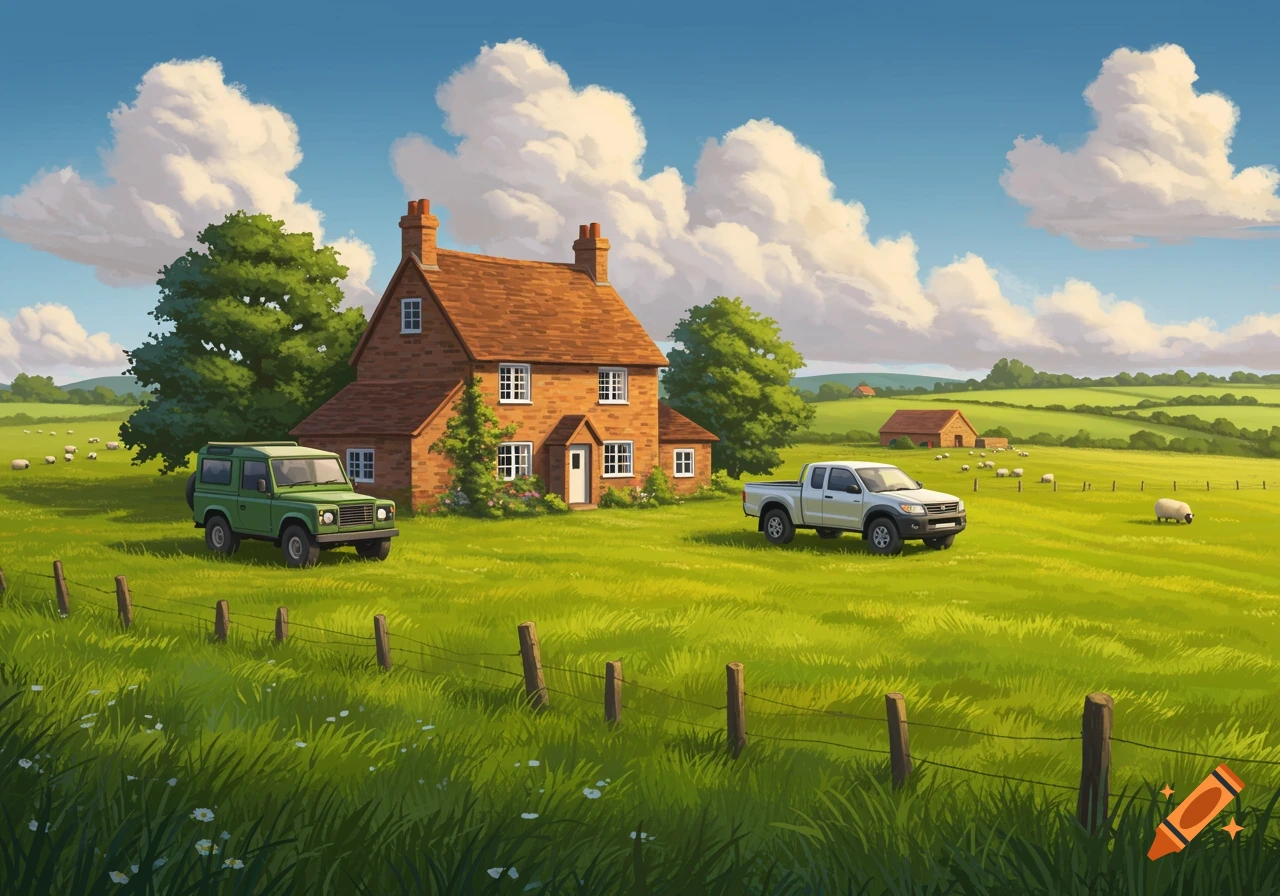 A charming traditional English house stands in a vibrant green field with a green Land Rover and a white pickup truck. Sheep graze in the background under a blue sky with fluffy white clouds, in an illustrative style.