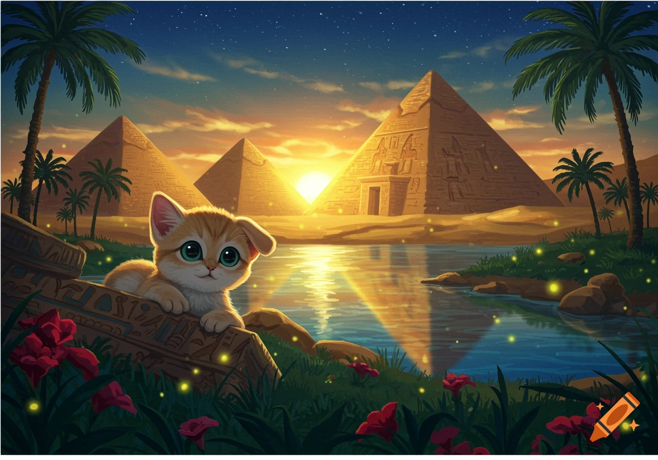 A cute cartoon kitten in an Egyptian landscape at sunset, with pyramids, palm trees, and a reflective body of water.