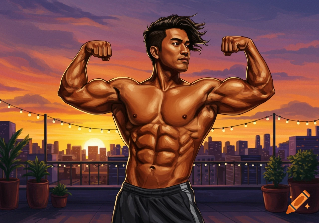Muscular man flexing on a rooftop against a city sunset, illustrated.