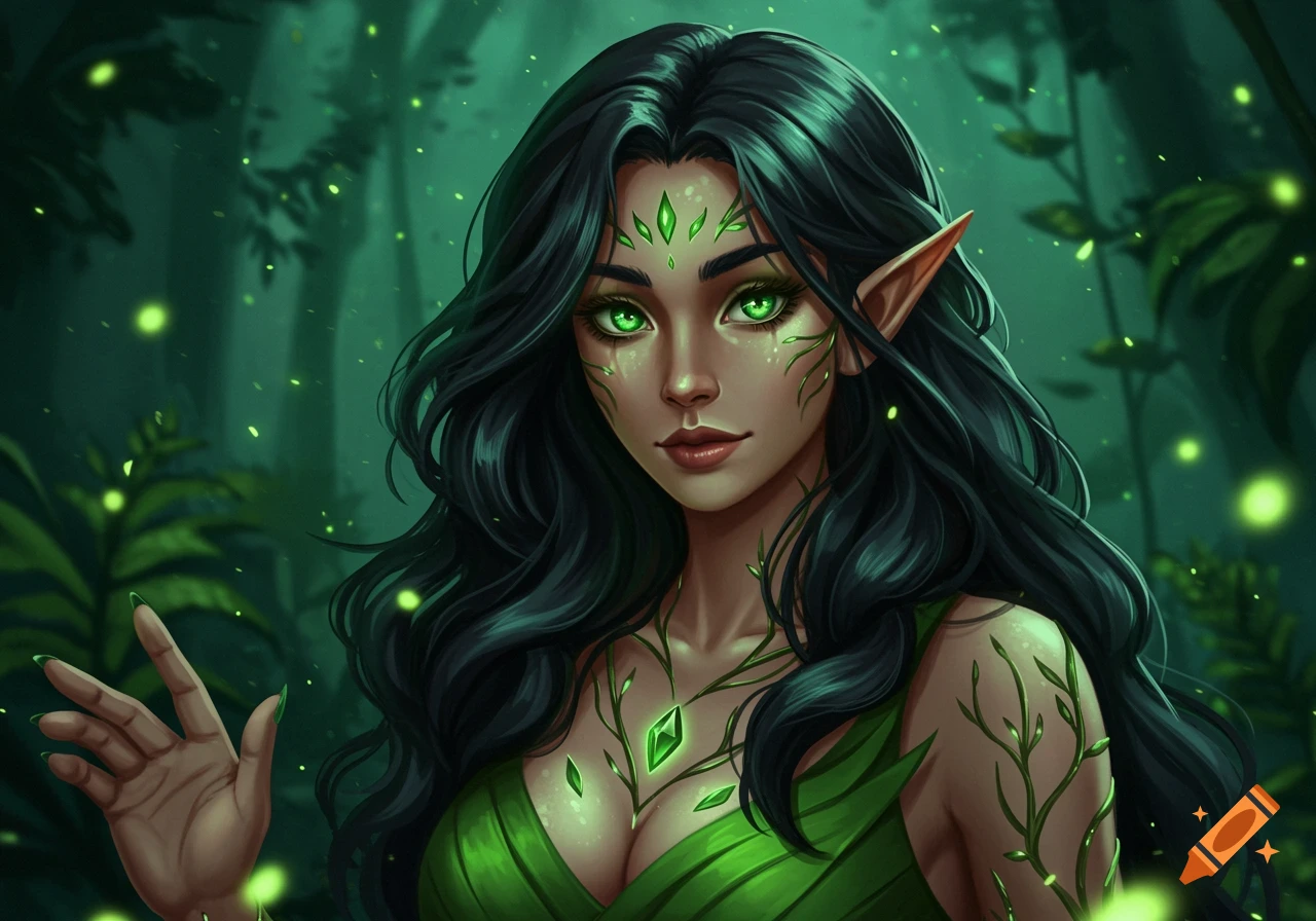 Digital painting of a fantasy woman with long black hair, glowing green eyes, and leaf tattoos, wearing a green dress in a dark forest.