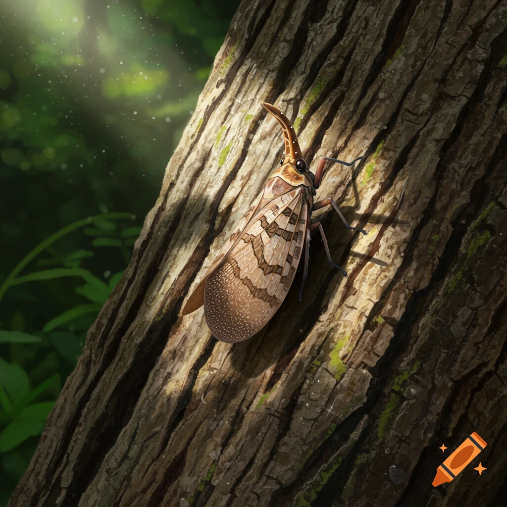 A detailed close-up of a brown lantern fly with patterned wings on a textured tree trunk, illuminated by sunlight.