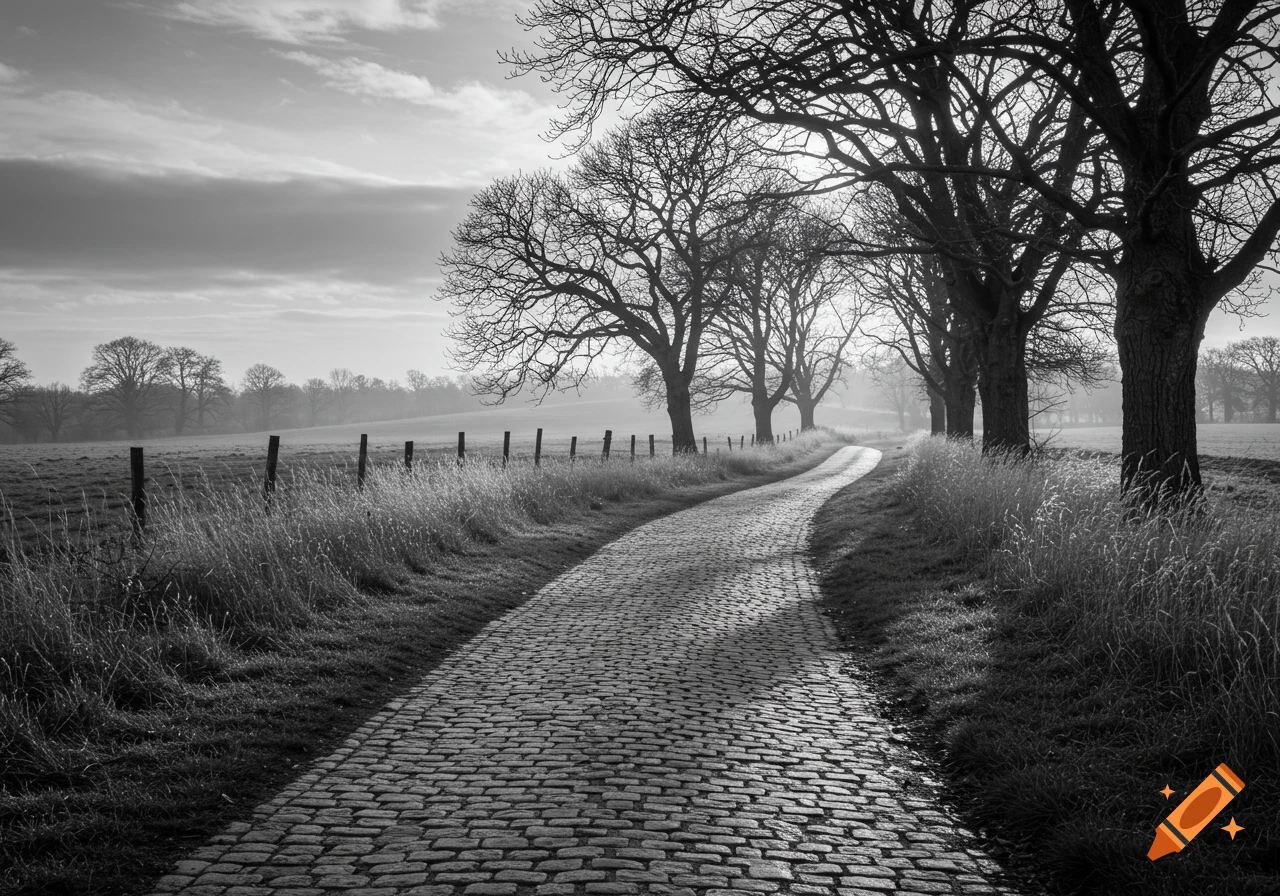 A black and white image of a winding cobblestone path through a field lined with bare trees under a cloudy sky.
