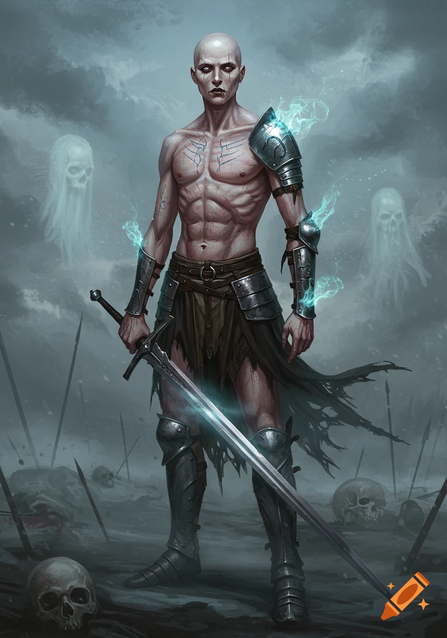 A bald, pale fantasy warrior with glowing runes and armor stands in a misty battlefield, holding a glowing sword, with skulls and ghostly figures around him.