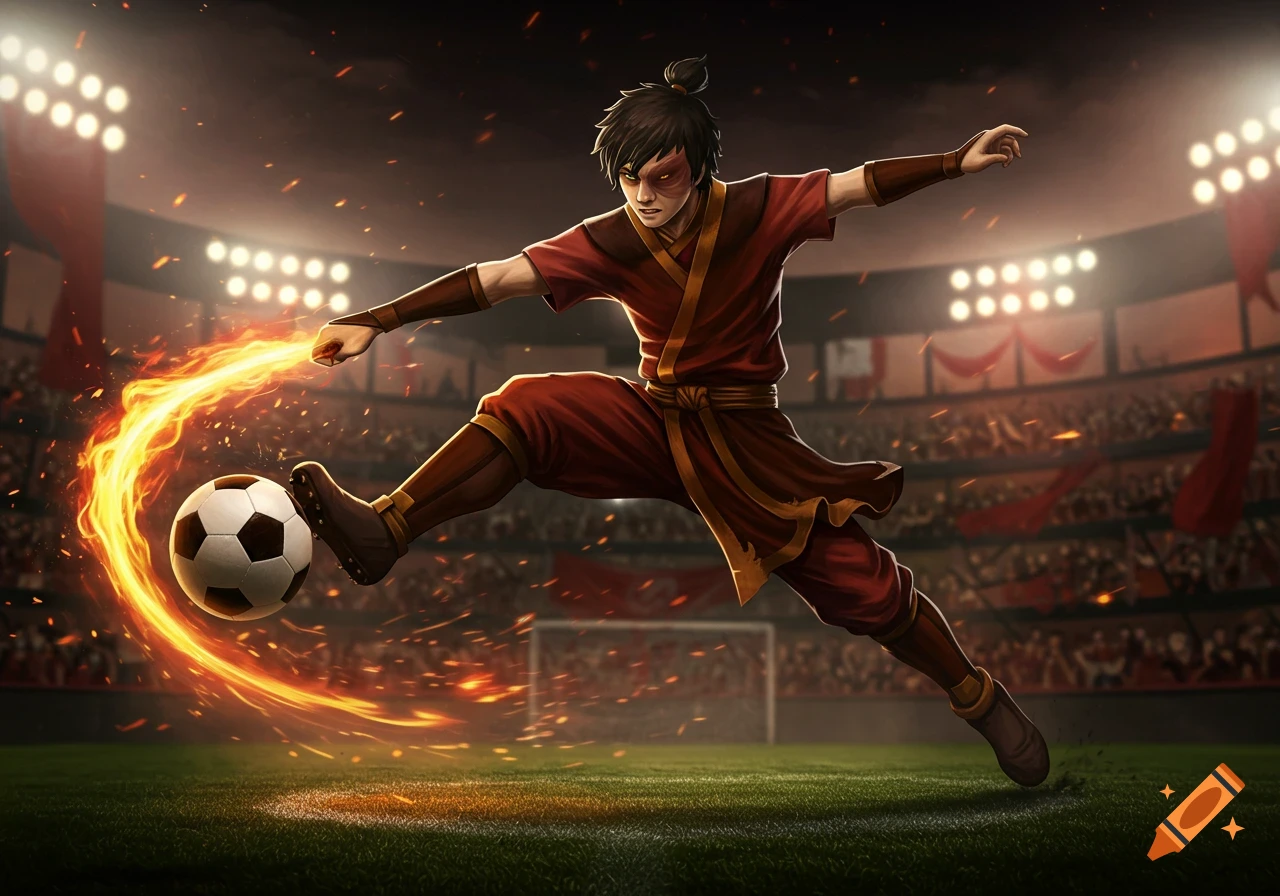 Prince Zuko from Avatar the Last Airbender, in a soccer uniform, kicks a fiery soccer ball in a stadium.
