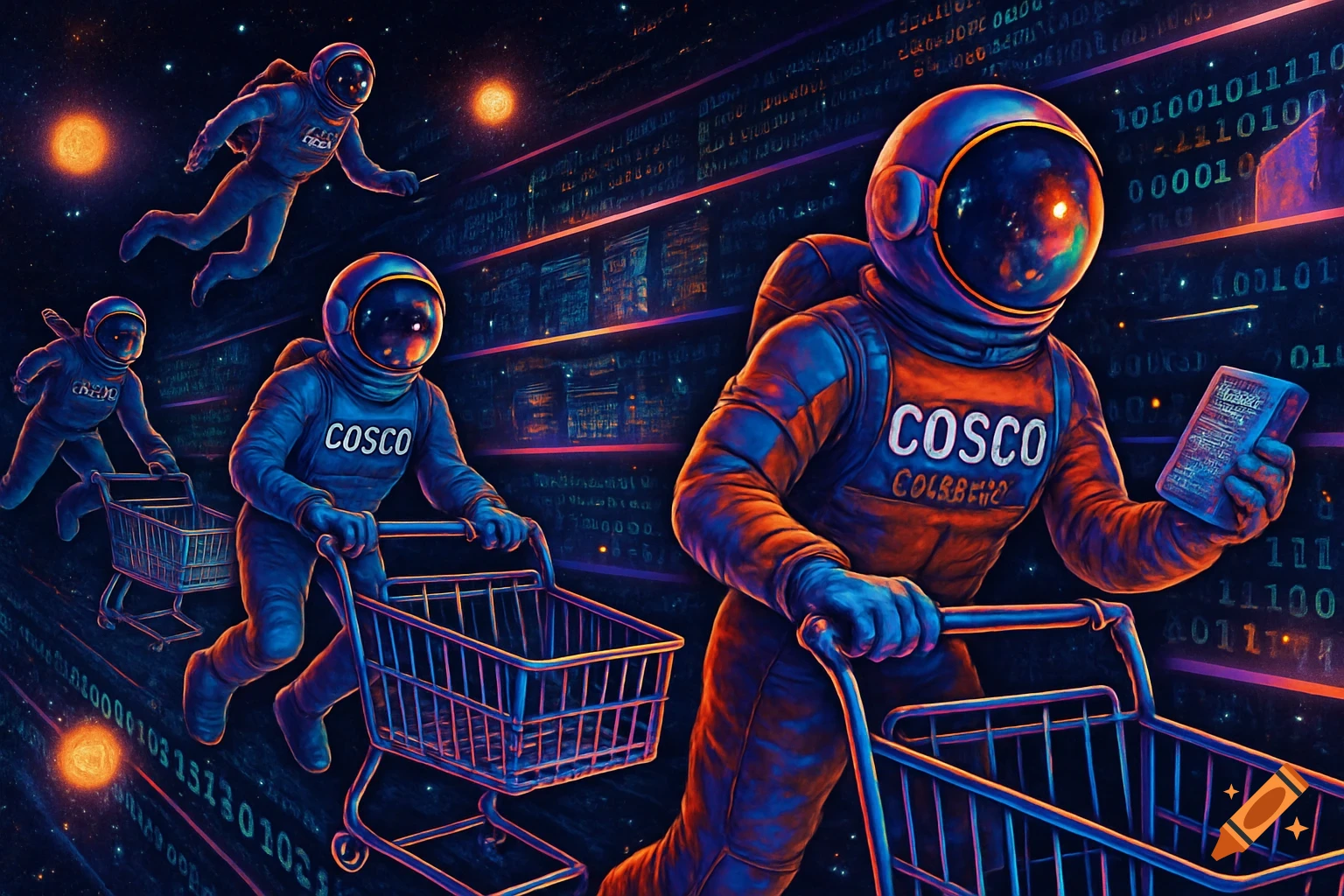 Astronauts in space with shopping carts, navigating aisles of binary code and glowing data. The astronauts wear suits with "COSCO" written on them.