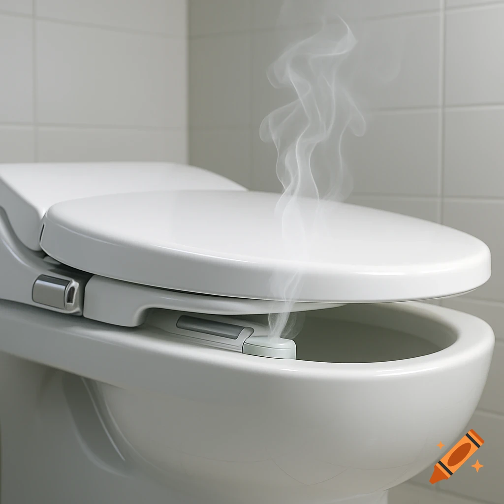 A white toilet with an integrated bidet seat, with steam or smoke rising from the bowl in a tiled bathroom.