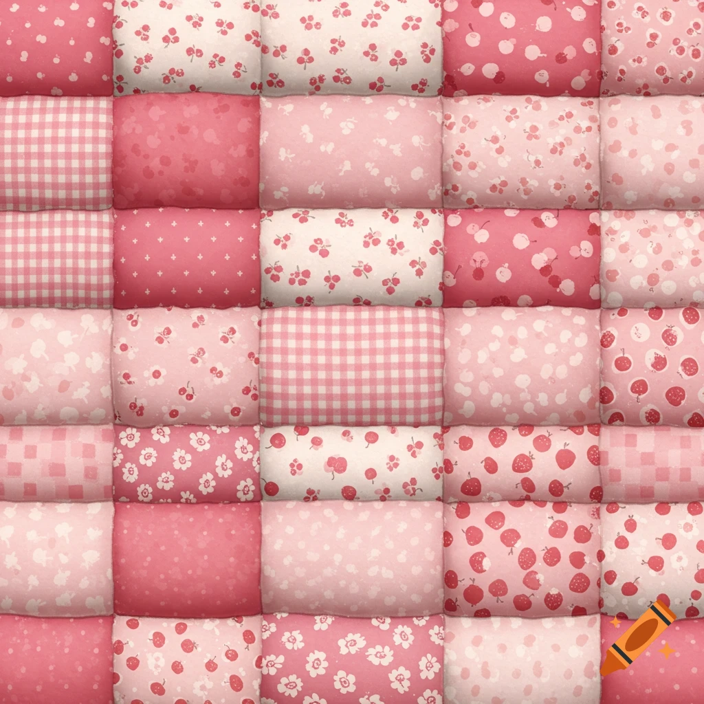 A close-up view of a pink puff quilt featuring various fabric patterns including gingham, small flowers, polka dots, cherries, strawberries, and solid pink squares.