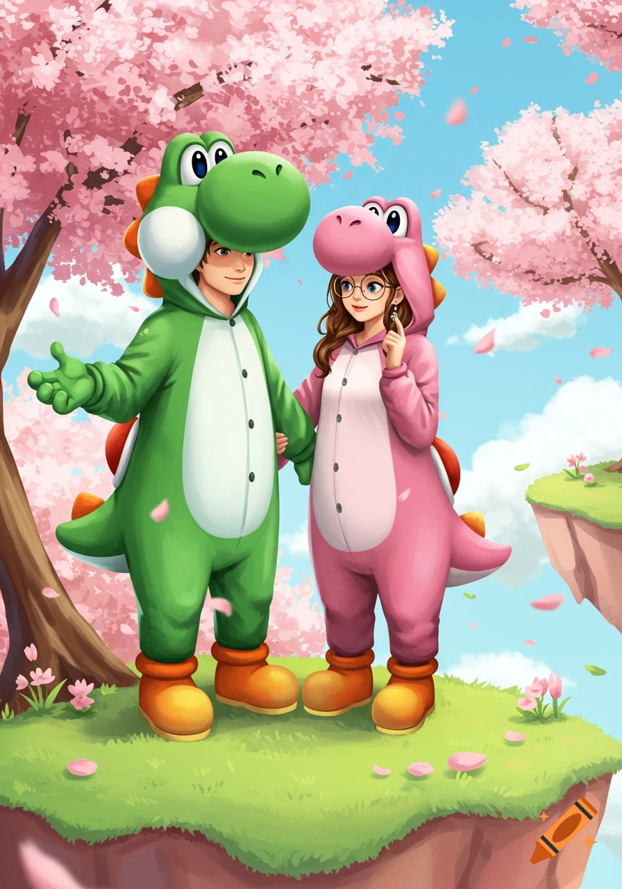 Digital artwork of a couple in green and pink Yoshi kigurumi onesies holding hands on a floating island under cherry blossoms.