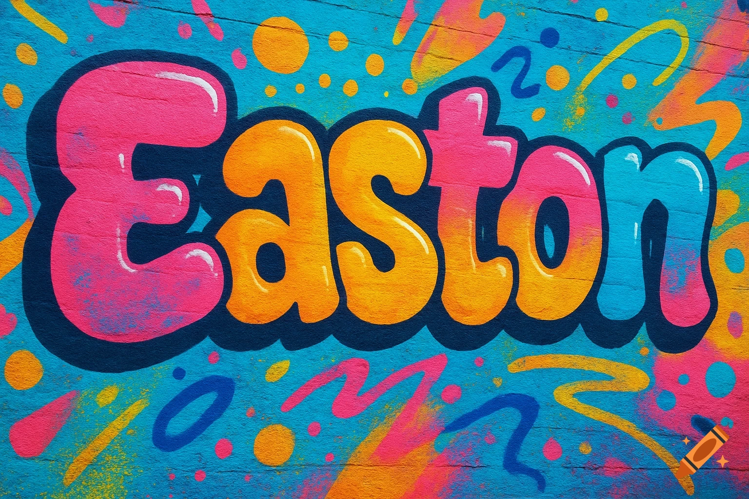 Colorful bubble letter graffiti of the name 'Easton' on a blue wall.