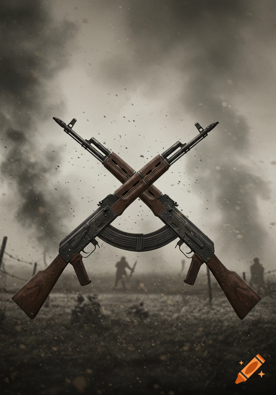 Two detailed AK-47 rifles crossed over in front of a smoky, war-torn battlefield with blurred soldier silhouettes.