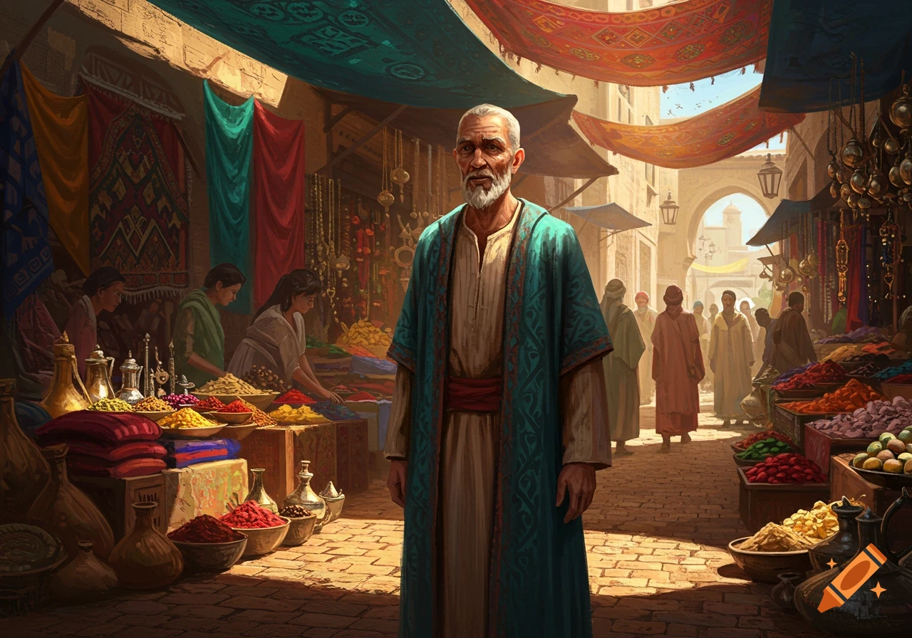 An elderly man in a teal robe stands in a bustling, colorful marketplace filled with goods and other people, depicted in a painterly style.