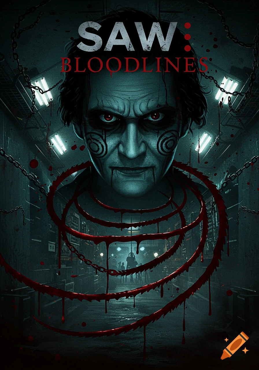 A horror movie poster for Saw: Bloodlines showing a pale man with red eyes and spiral face paint, with blood-like chains and a dark corridor.
