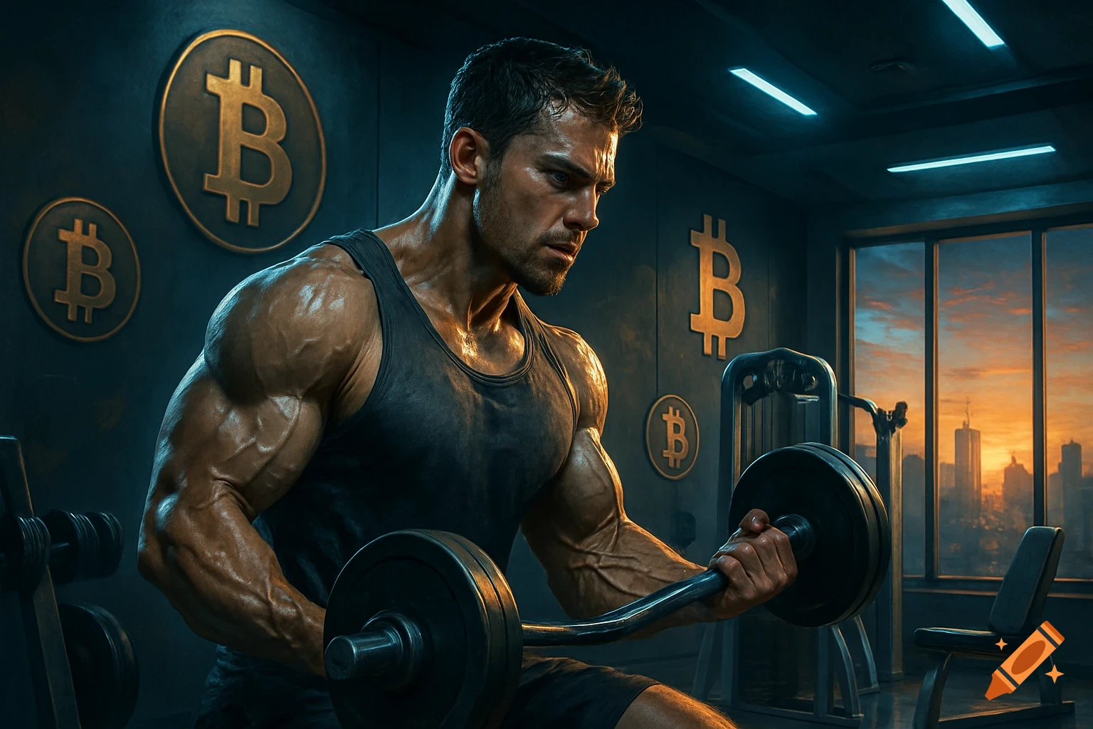 Muscular man lifting weights in a gym adorned with Bitcoin logos, city skyline visible through window at sunset. Photorealistic.