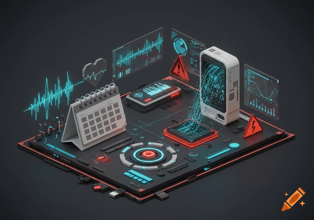 A modernist conceptual illustration featuring a calendar, sound waves, heart monitor, danger signs, and flowing computer data on a dark background.