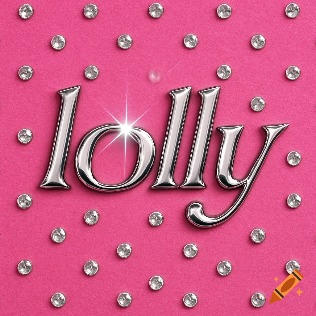 The word 'lolly' in shiny chrome text on a pink background, surrounded by sparkling rhinestones.